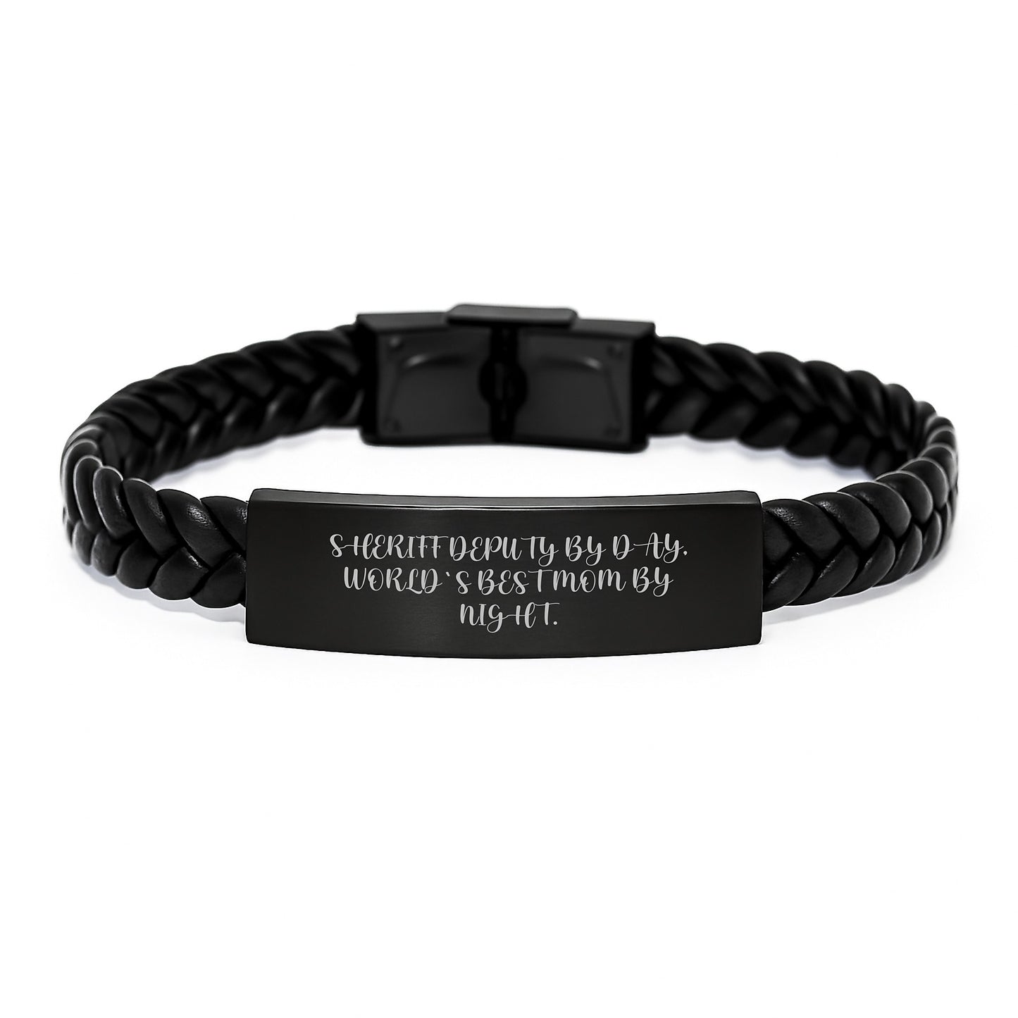 Sheriff Deputy Gifts, World's Best Mom Interlaced Leather Bracelet, Funny Birthday Presents from Mom to Sheriff Deputy, 'Sheriff Deputy By Day, World's Best Mom By Night.' - Image 1