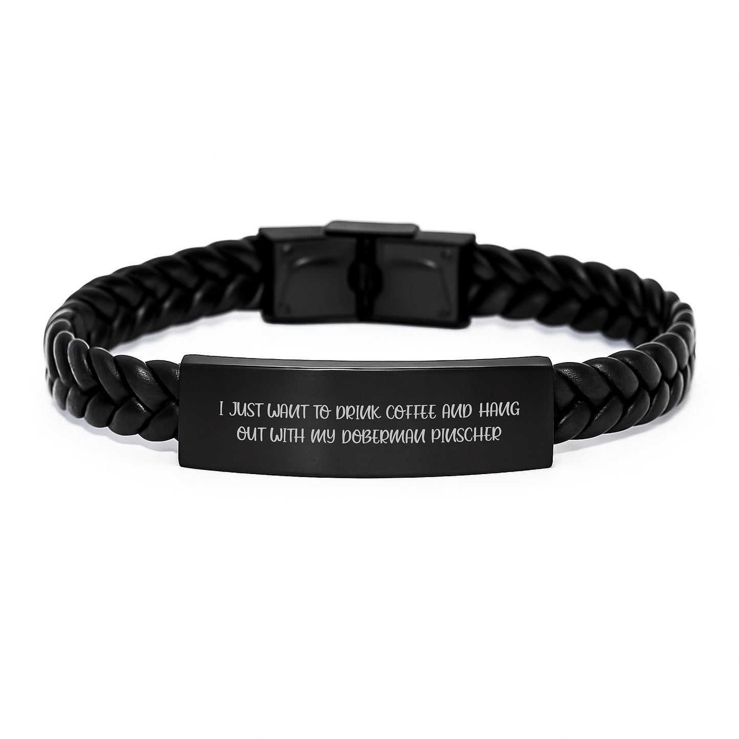 Funny Doberman Pinscher Dog Lover Gifts from Family, Interlaced Leather Bracelet for Men, I Just Want To Drink Coffee And Hang Out With My Doberman Pinscher Birthday Unique Gifts - Image 1