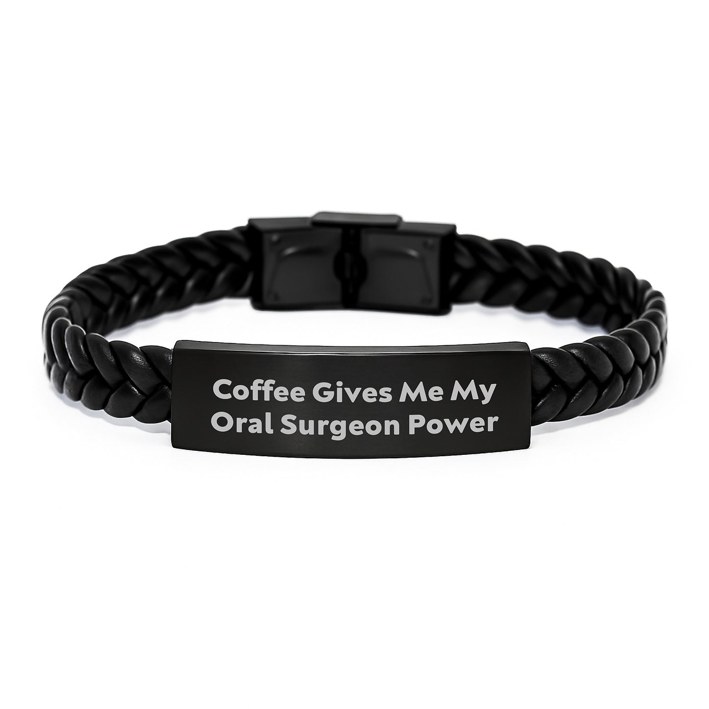 Funny Coffee Lover's Gift for Oral Surgeon Birthday, Interlaced Leather Bracelet from Friends, 'Coffee Gives Me My Oral Surgeon Power' Quote - Image 1