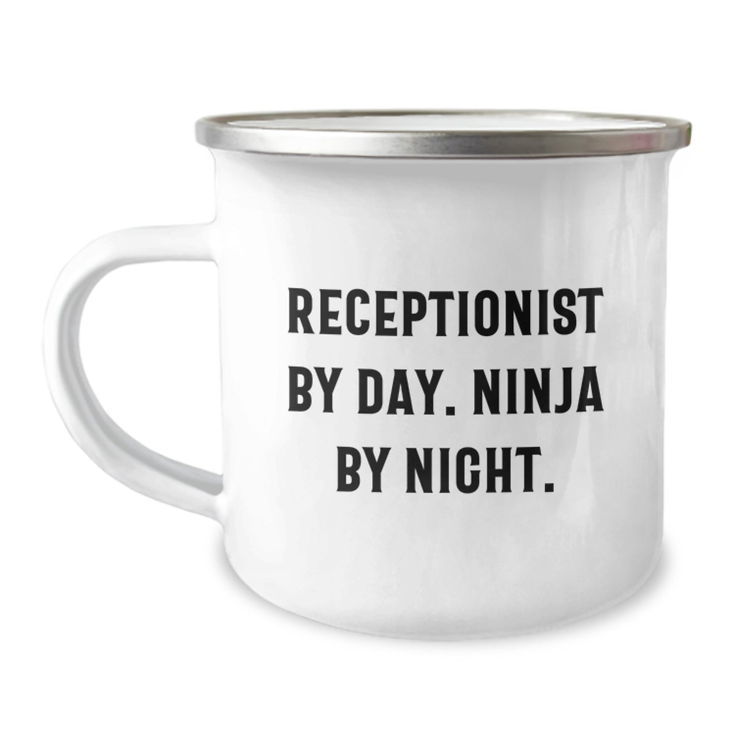 Receptionist Gifts from Men to Coworkers - Camping Mug for Birthday - 'Receptionist By Day. Ninja By Night.' Funny Quote - Image 1