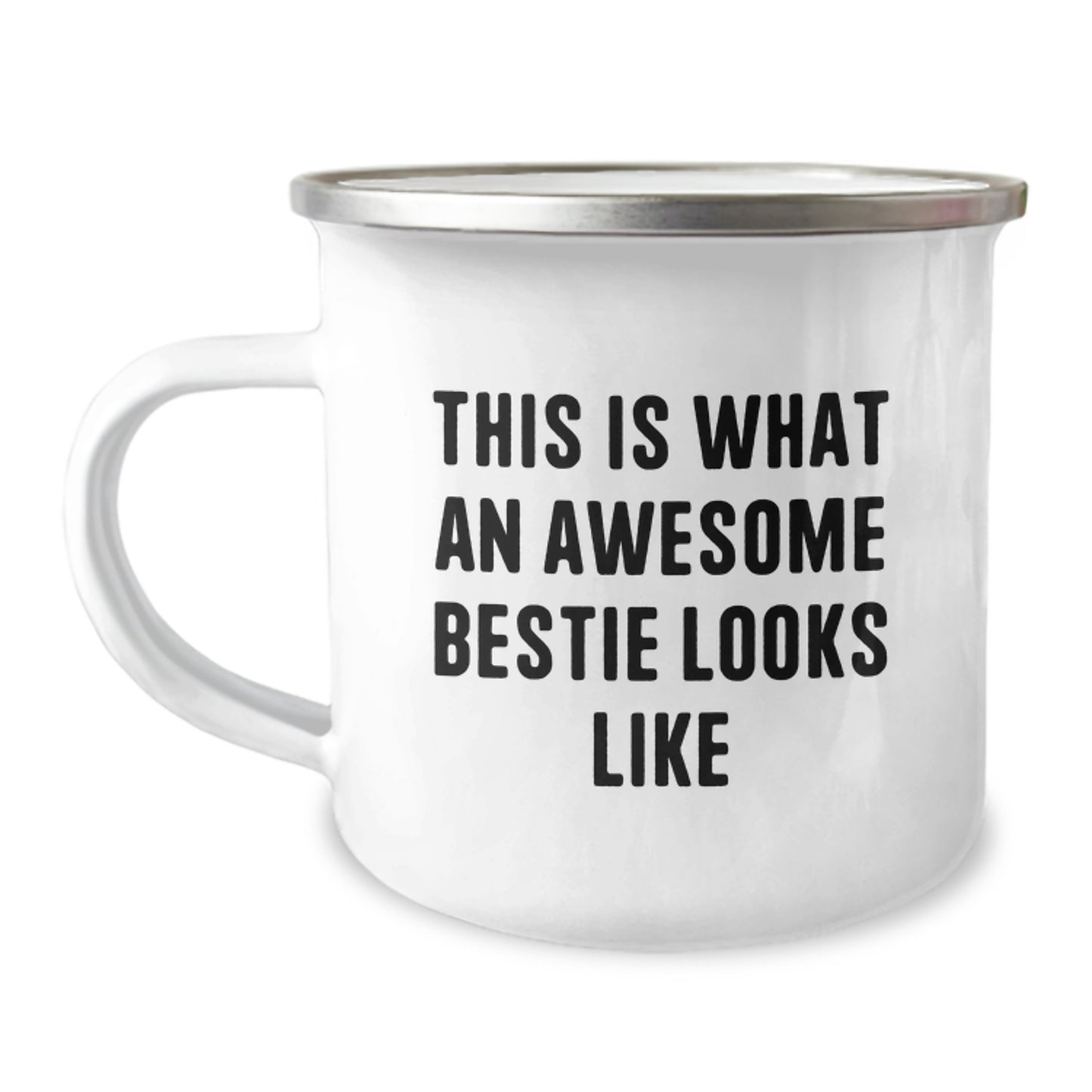 Funny Bestie Gifts from Friends for Graduation - This Is What An Awesome Bestie Looks Like Camping Mug, 12 oz Stainless Steel with Enamel Finish - Image 1