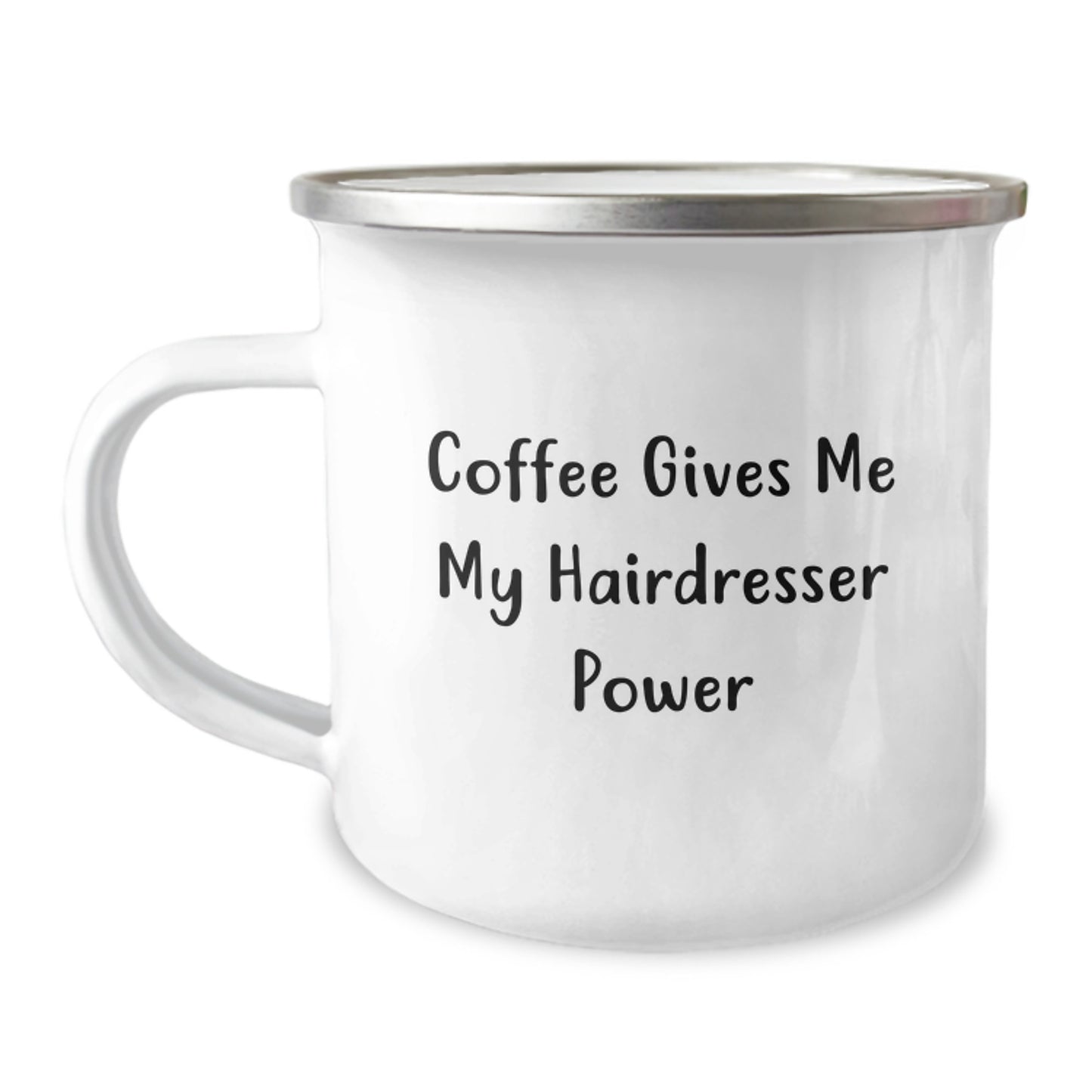 Funny Hairdresser Gifts from Friends for Birthday Camping Mug - 'Coffee Gives Me My Hairdresser Power' Inspired - Image 1