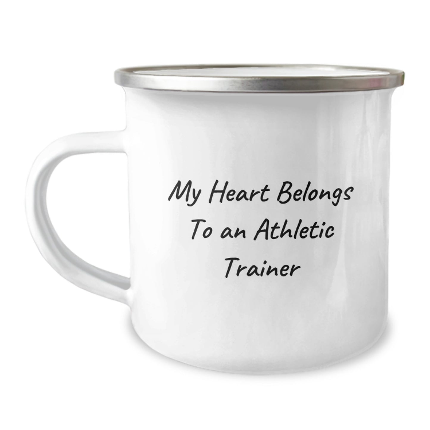 Funny Athletic Trainer Gifts from Friends for Men - 'My Heart Belongs To An Athletic Trainer' Enamel Camping Mug, 12 oz Stainless Steel, Unique Birthday Present - Image 1