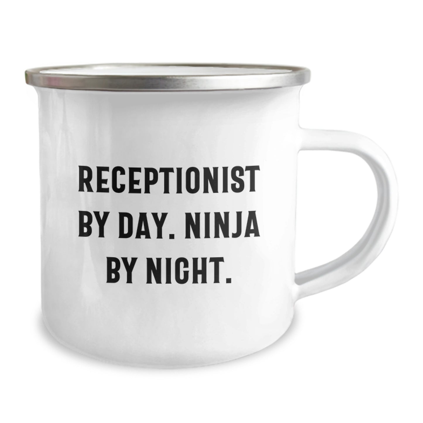 Receptionist Gifts from Men to Coworkers - Camping Mug for Birthday - 'Receptionist By Day. Ninja By Night.' Funny Quote - Image 2
