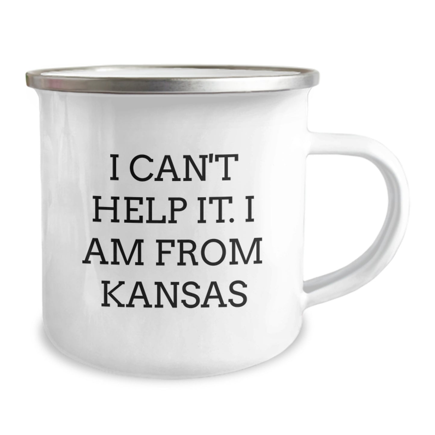 Kansas Proud Camping Mug, Funny Quote Gifts from Friends to Family, 12 oz Stainless Steel with Enamel Finish, Perfect for Graduation, I Can't Help It. I Am From Kansas - Image 2