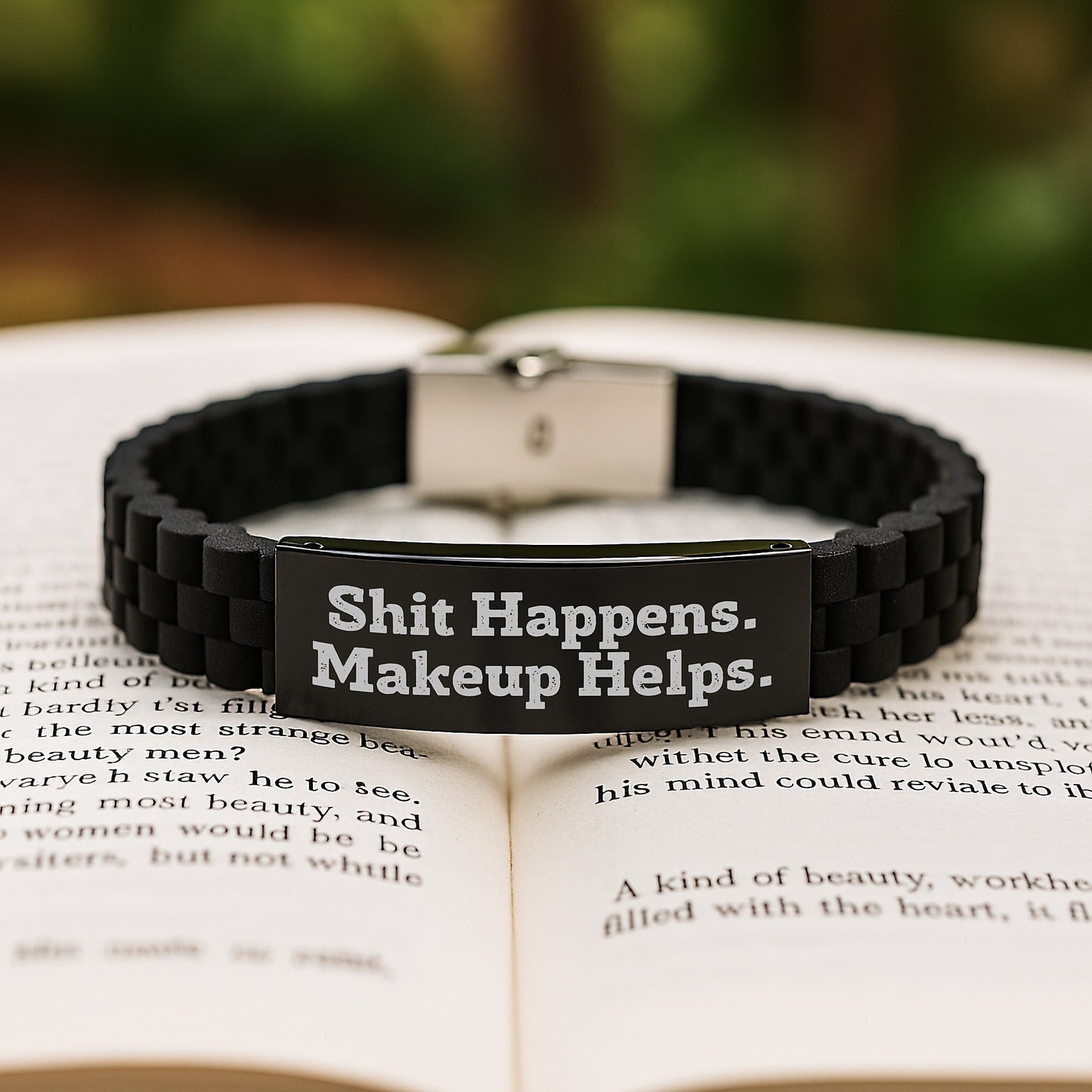 Makeup Lover's Gift, Funny Quote, Glide lock Clasp Birthday Jewelry - 'Shit Happens, Makeup Helps', Adjustable Black Stainless Steel Silicone Clasp, Premium Bag - Image 2