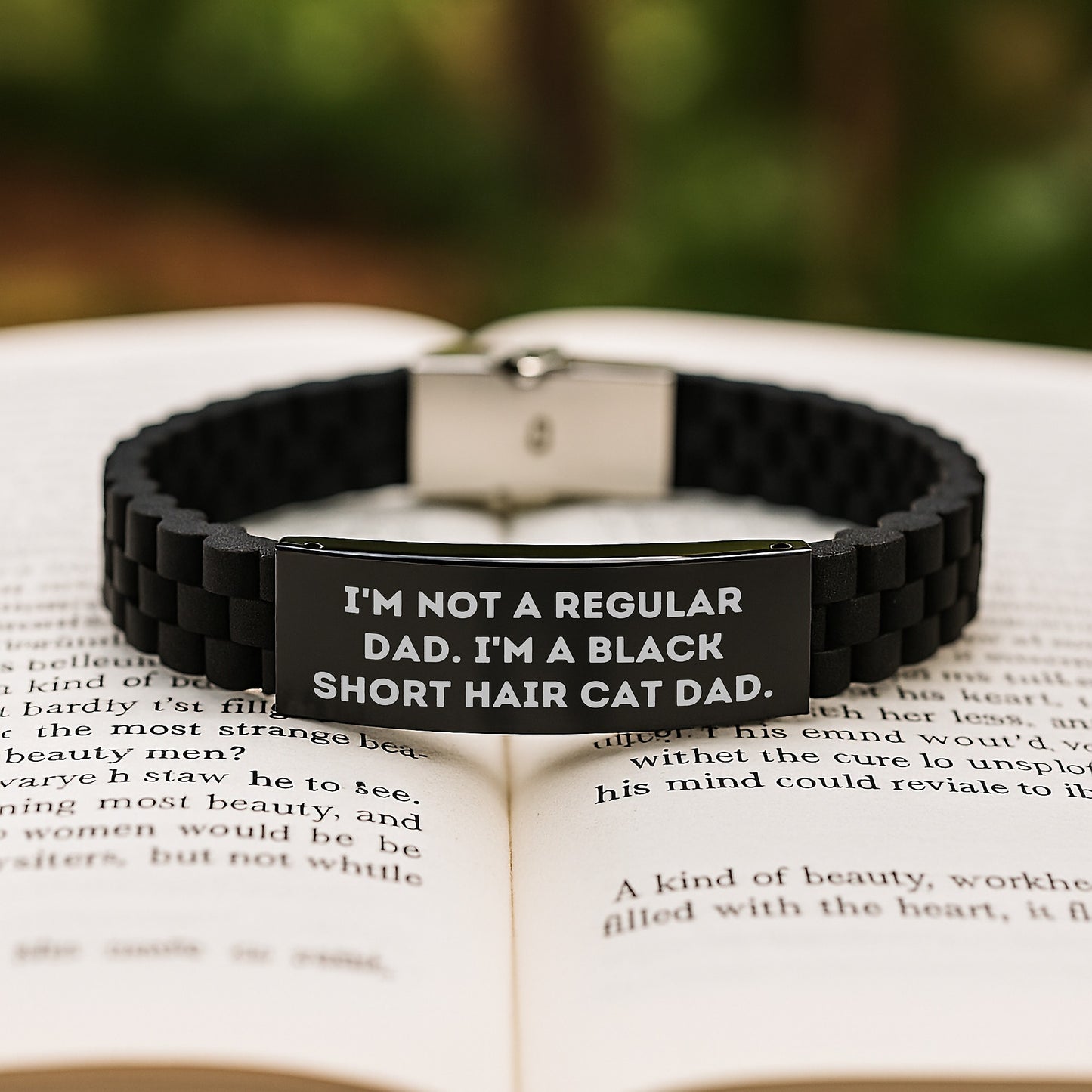 Funny Black Short Hair Cat Dad Gifts, Graduation Unique Gifts from Men to Friends, Black Stainless Steel Glide lock Clasp Bracelet for Black Short Hair Cat Lovers - Image 2