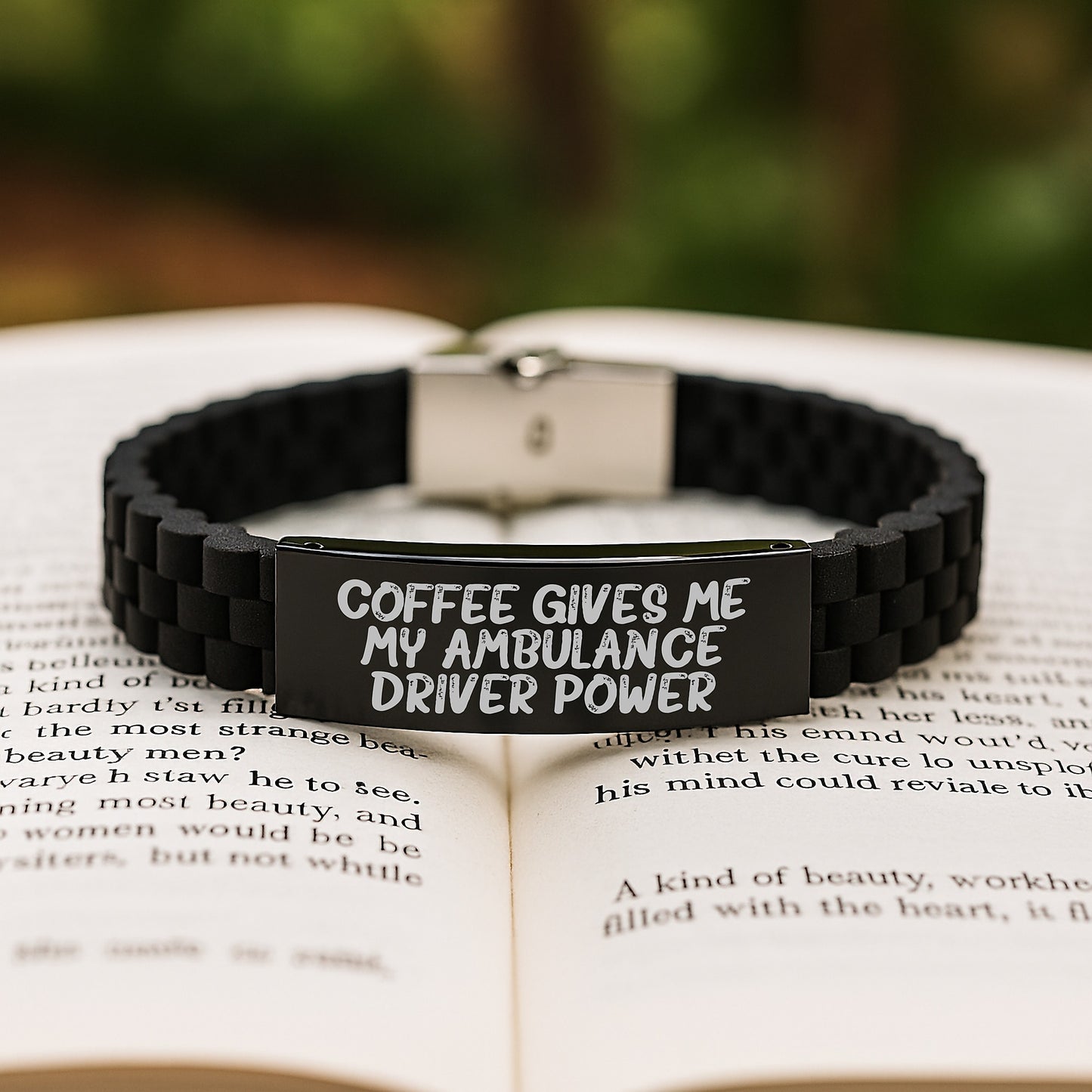 Ambulance Driver Power Gifts from Friends for Ambulance Driver Graduation - Coffee Quote Glide lock Clasp Black Stainless Steel Silicone Adjustable Bracelt - Image 2