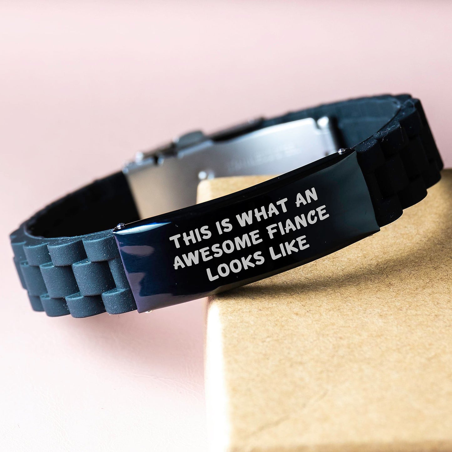 Funny Fiance Gifts from Friends for Graduation - Glide lock Clasp Black Stainless Steel Silicone Adjustable Bracelet This Is What An Awesome Fiance Looks Like - Image 3