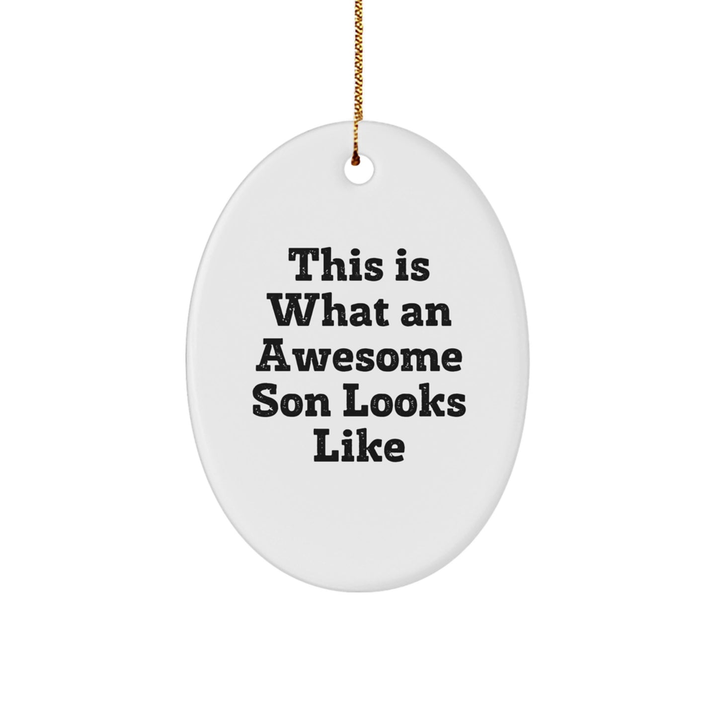 Funny Son Gifts from Mom, Dad, or Friends for Christmas - 'This Is What An Awesome Son Looks Like' Oval Ornament - Image 1
