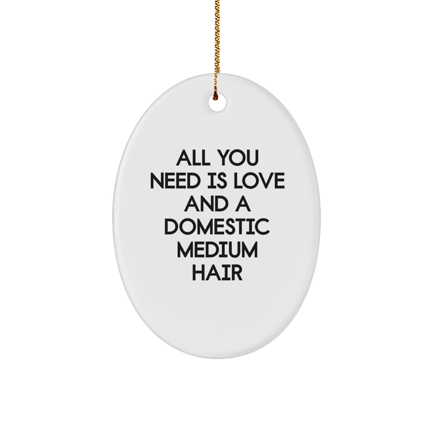 Domestic Medium Hair Cat Lover Gifts from Friends, Christmas Unique Oval Ornament with All You Need Is Love And A Domestic Medium Hair Quote, Gifts for Domestic Medium Hair Cat - Image 1
