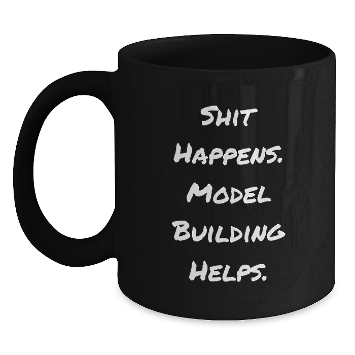 Funny Model Building Gifts from Friends for Birthday - Shit Happens. Model Building Helps. Black Coffee Mug, 11oz or 15oz - Main