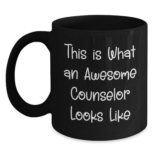 Funny Counselor Gifts from Friends, Inspirational Black Coffee Mug for Awesome Counselors on Birthday, Quotes Say 'This Is What An Awesome Counselor Looks Like' - Main