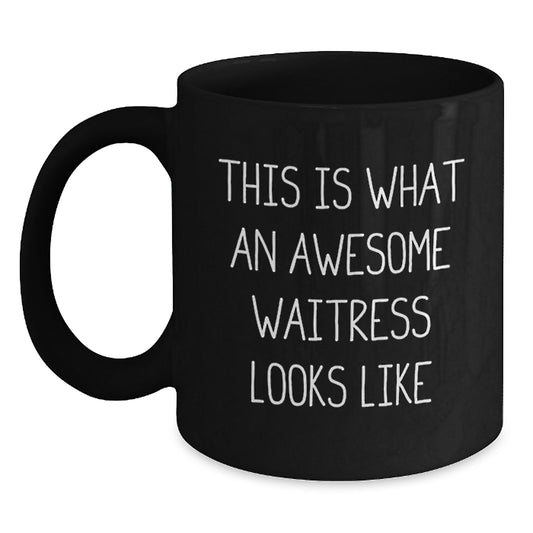 Funny Waitress Gifts for Her, Black Coffee Mug with Quote 'This Is What An Awesome Waitress Looks Like' from Friends, Gifts from Women to Waitress on Birthday - Main