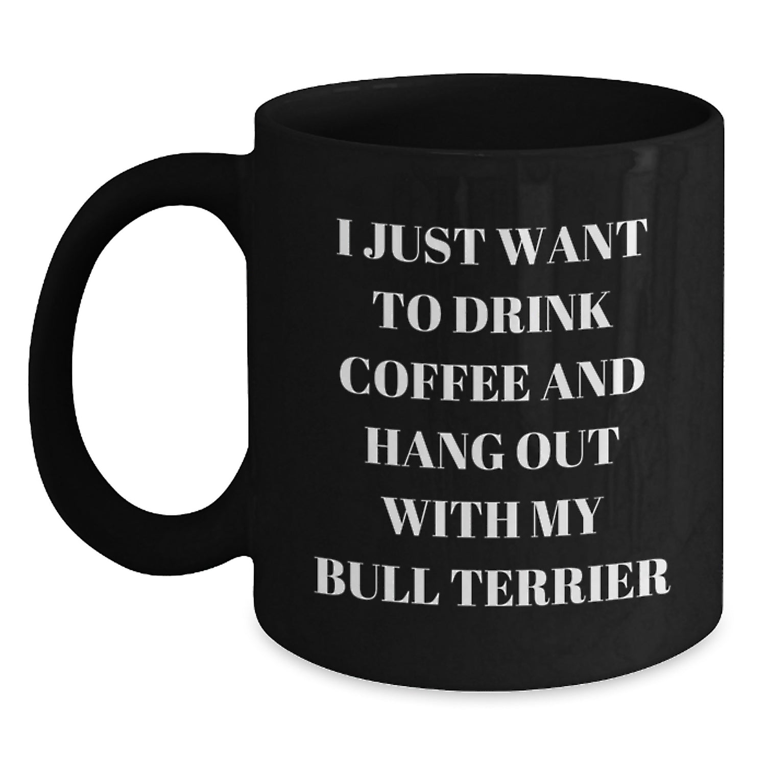 Funny Bull Terrier Dog Gifts for Men from Friends - Black Coffee Mug for Birthday 'I Just Want To Drink Coffee And Hang Out With My Bull Terrier' - Main