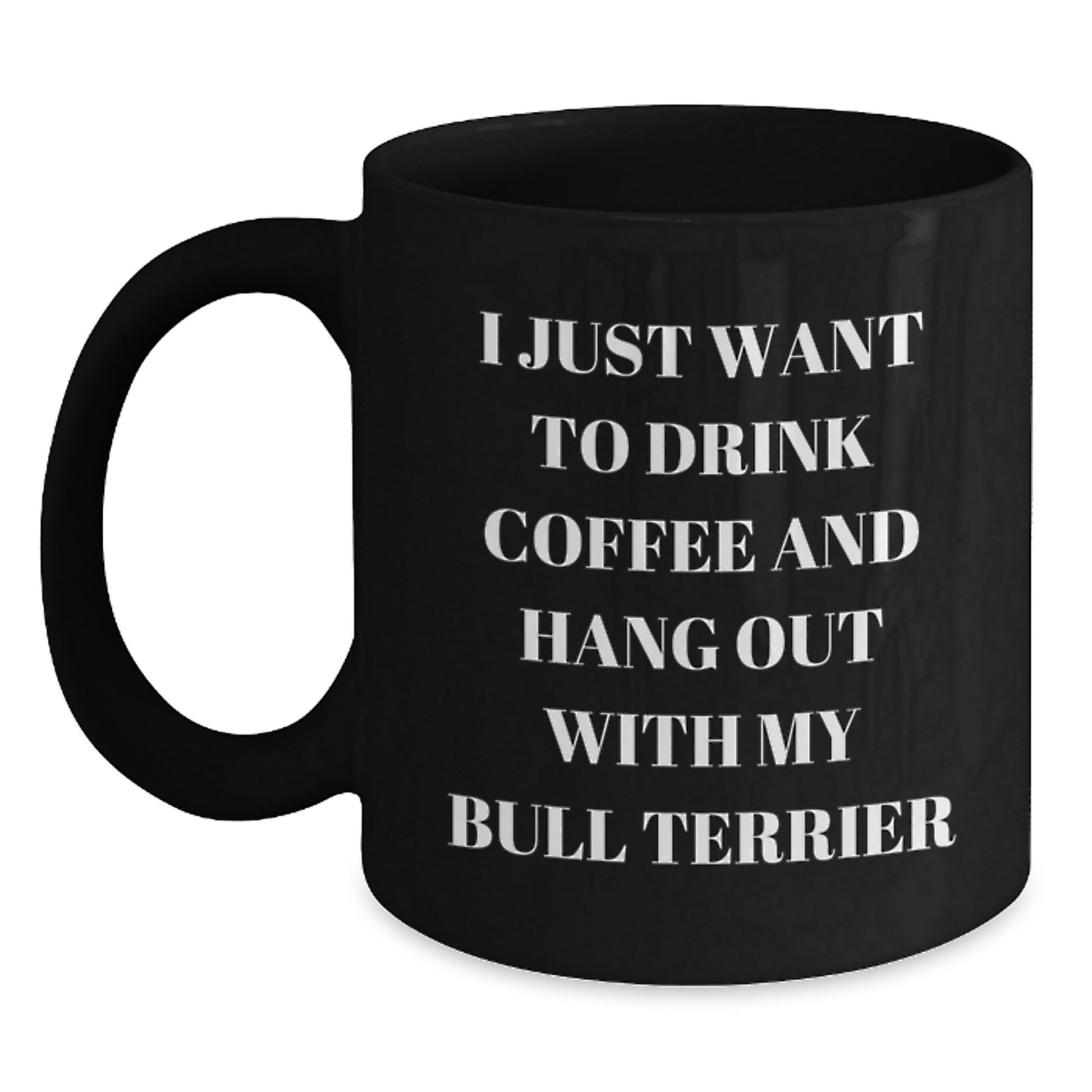 Funny Bull Terrier Dog Gifts for Men from Friends - Black Coffee Mug for Birthday 'I Just Want To Drink Coffee And Hang Out With My Bull Terrier' - Main