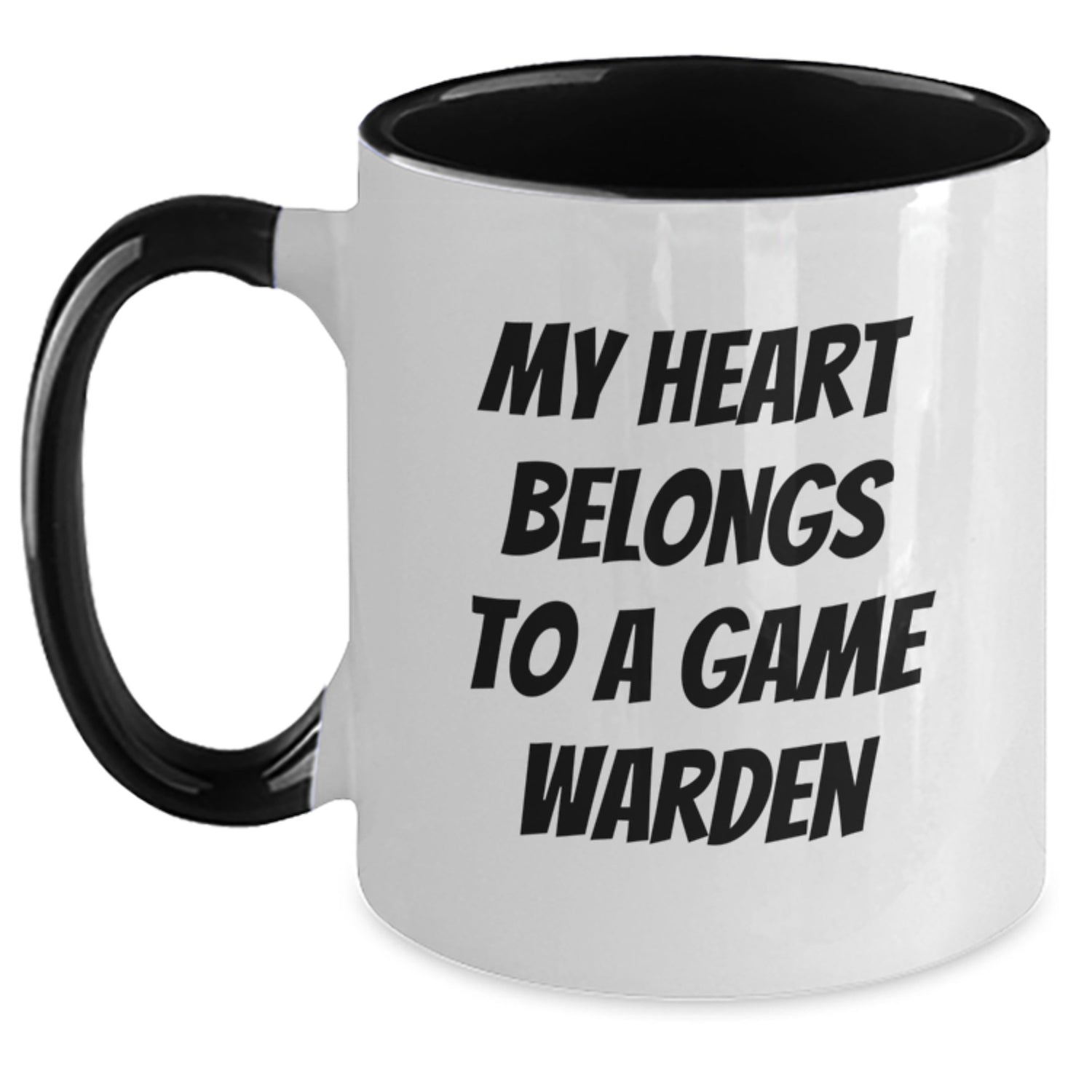 Funny Game Warden Quotes Gifts from Friends to Game Wardens on Birthday - Two Tone Coffee Mug, My Heart Belongs To A Game Warden - Main