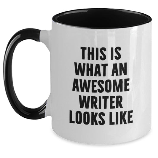 Funny Writer Gifts from Friends for Writer's Birthday, Two Tone Coffee Mug with Quote 'This Is What An Awesome Writer Looks Like' - Main