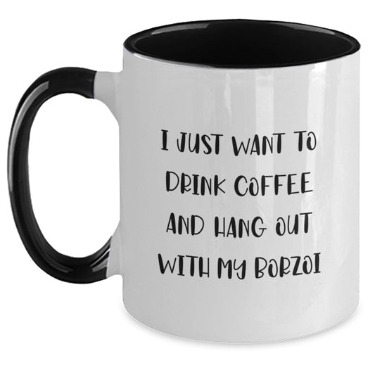 Borzoi Dog Lovers Funny Gifts Two Tone Coffee Mug for Men, Women, Friends, Coworkers - I Just Want To Drink Coffee And Hang Out With My Borzoi, Gifts from Family, Birthday Unique Presents - Main