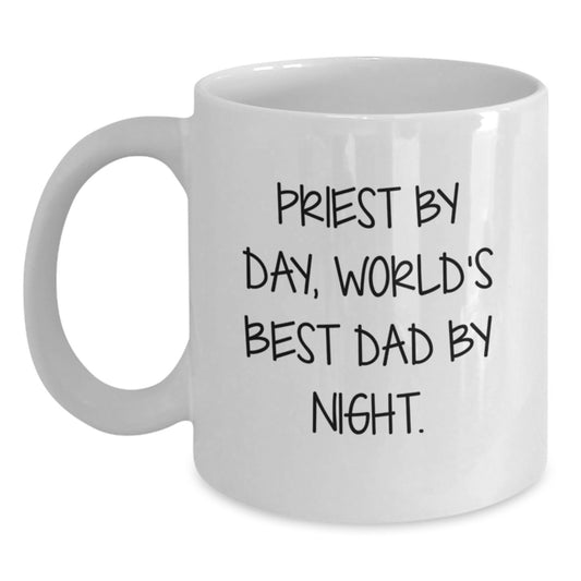Funny Priest Gifts for Graduation - 'Priest By Day, World's Best Dad By Night' White Coffee Mug, Gifts from Friends and Family - Main