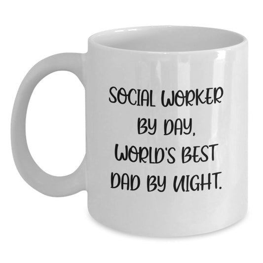 Social Worker Gifts, Funny Mugs for Birthday, White Coffee Mug, 'Social Worker By Day, World's Best Dad By Night.' - Main