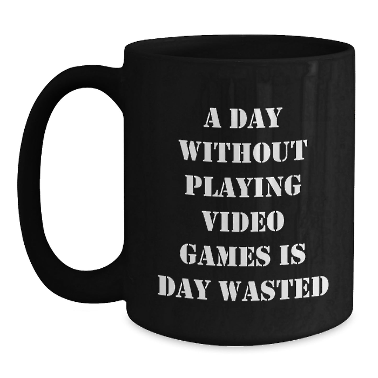 Funny Playing Video Games Gifts, Black Coffee Mug for Men and Women, Gifts from Friends, Perfect Birthday Present for Gamers, 'A Day Without Playing Video Games Is Day Wasted' Quote - Main