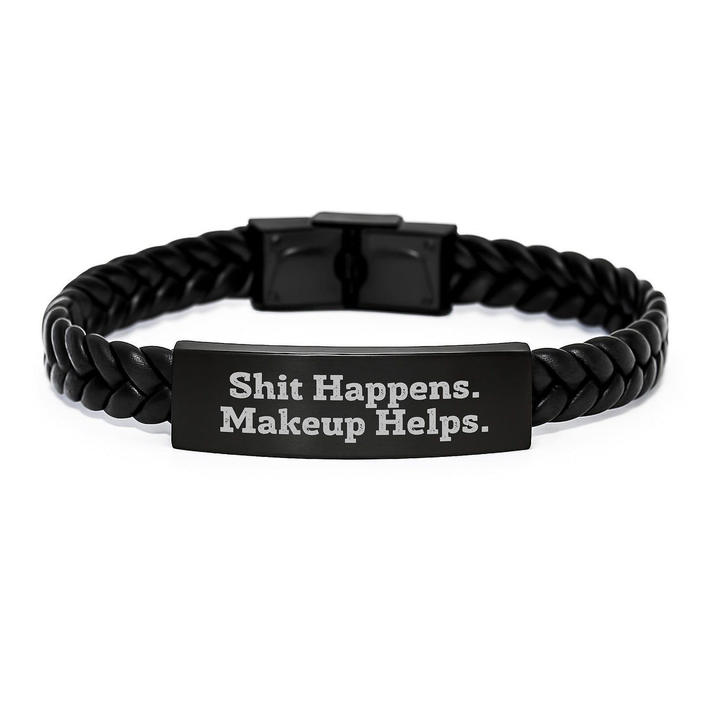 Makeup Lovers' Sarcasm Gift, 'Shit Happens. Makeup Helps.' Interlaced Leather Bracelet, Gifts from Friends for Women's Birthday, 7.87 inches - Image 1