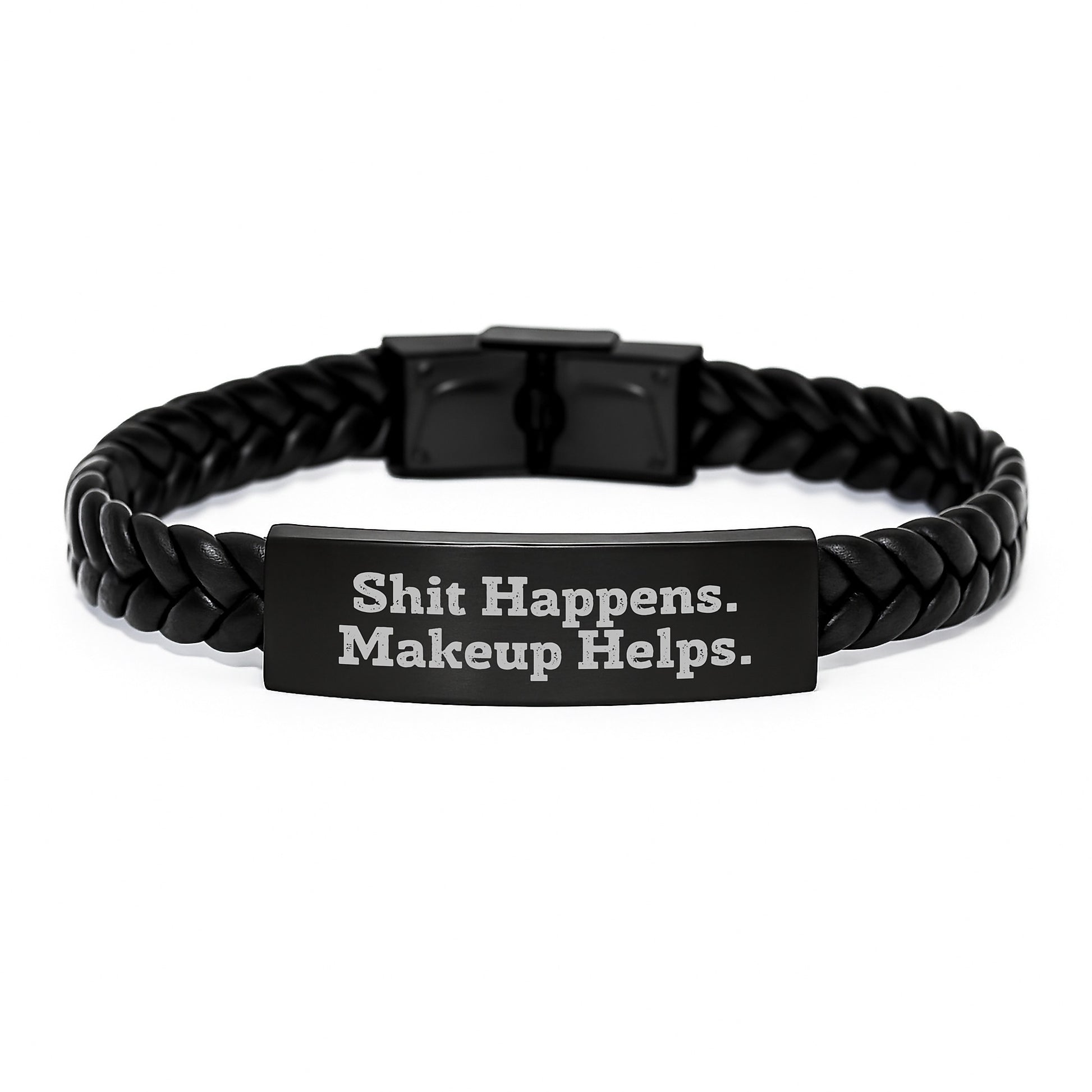 Makeup Lovers' Sarcasm Gift, 'Shit Happens. Makeup Helps.' Interlaced Leather Bracelet, Gifts from Friends for Women's Birthday, 7.87 inches - Image 1