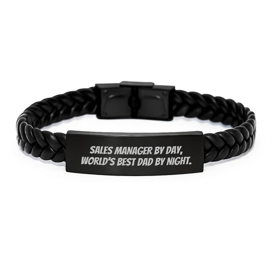 Funny Sales Manager Gifts, Interlaced Leather Bracelet for Birthday, 'Sales Manager By Day, World's Best Dad By Night.' Quote, Gifts from Men, Gifts for Sales Manager - Image 1