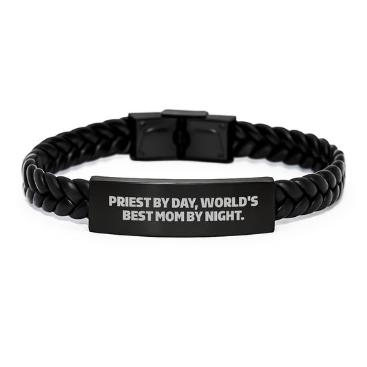 Priest Gifts from Family, Unique Interlaced Leather Bracelets for Priest By Day, World's Best Mom By Night. Birthday Unique Gifts - Image 1