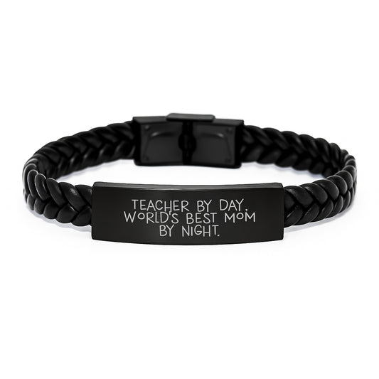 Funny Teacher Gifts from World's Best Mom By Night - Interlaced Leather Bracelet for Birthday - Image 1