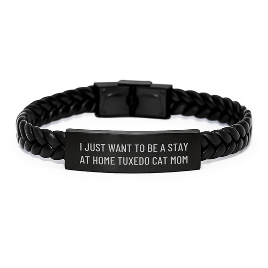 Funny Tuxedo Cat Mom Gifts for Her Graduation, Interlaced Leather Bracelet with Engraved Stainless Steel - Gifts from Family to Women Friends - Image 1