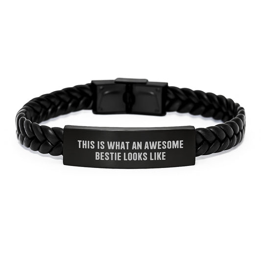 Funny Bestie Gifts for Her, Interlaced Leather Graduation Present from Friends, 'This Is What An Awesome Bestie Looks Like' Quote, Unique Woman's Accessories - Image 1