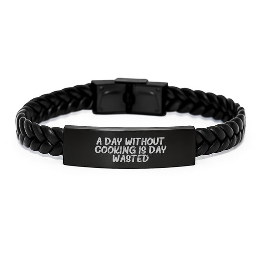 Cooking Enthusiast Gifts from Friends, Funny Quote Interlaced Leather Bracelet, Inspirational Cooking Accessories for Birthday, Leather Strap Stainless Steel, Gifts for Women Men - Image 1