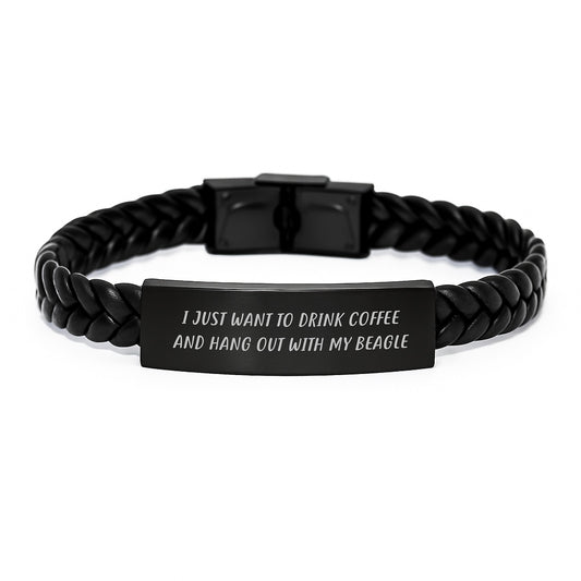 Funny Beagle Dog Gifts for Men, Interlaced Leather Bracelet with Quote 'I Just Want To Drink Coffee And Hang Out With My Beagle' - Gifts from Friends, Birthday Unique Gifts for Beagle Dog Owners - Image 1