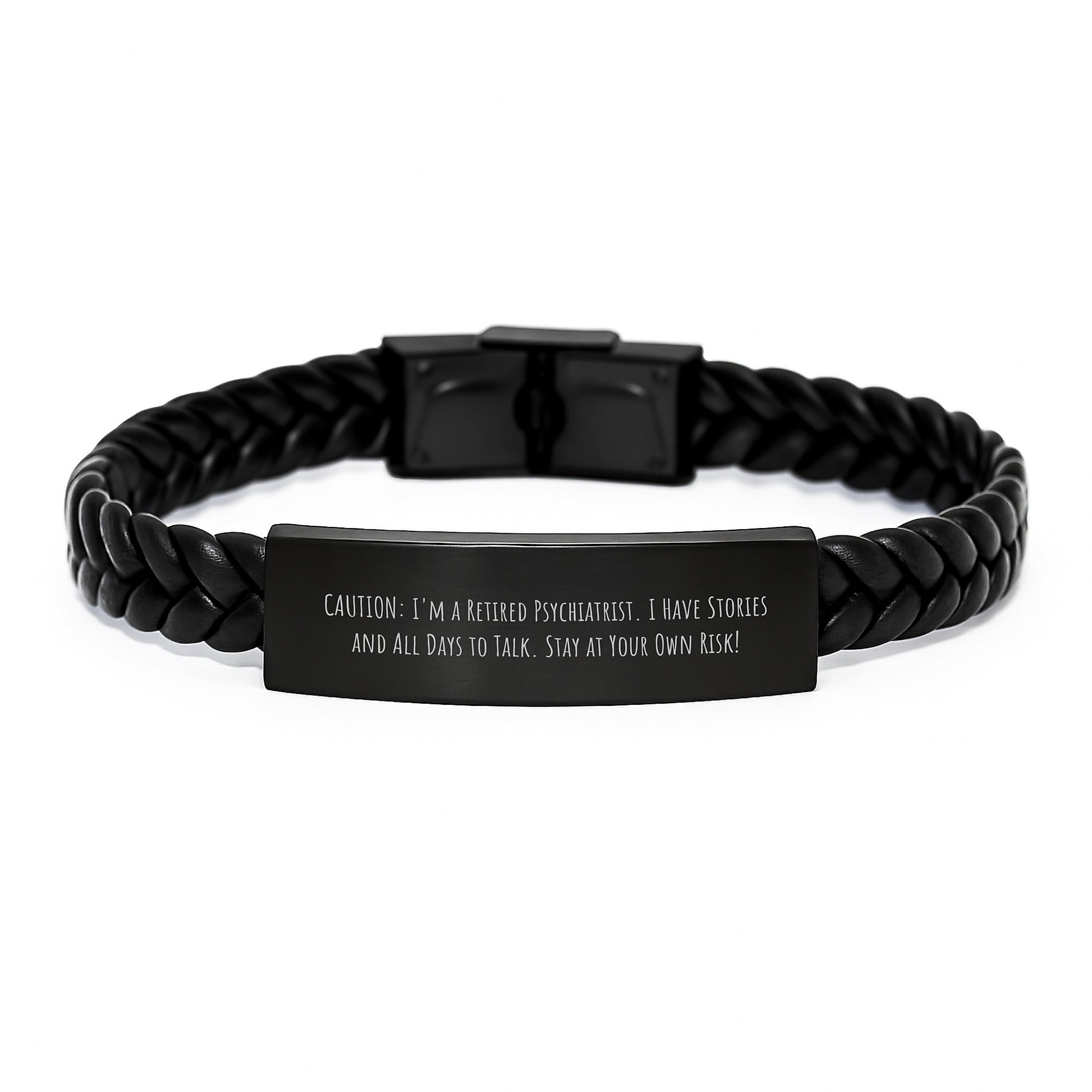 Psychiatrist Gifts - 'Caution: I'm A Retired Psychiatrist...' Interlaced Leather Bracelet for Men, Gifts from Family - Unique Graduation Gifts for Psychiatrist, Friends, Coworkers - Image 1