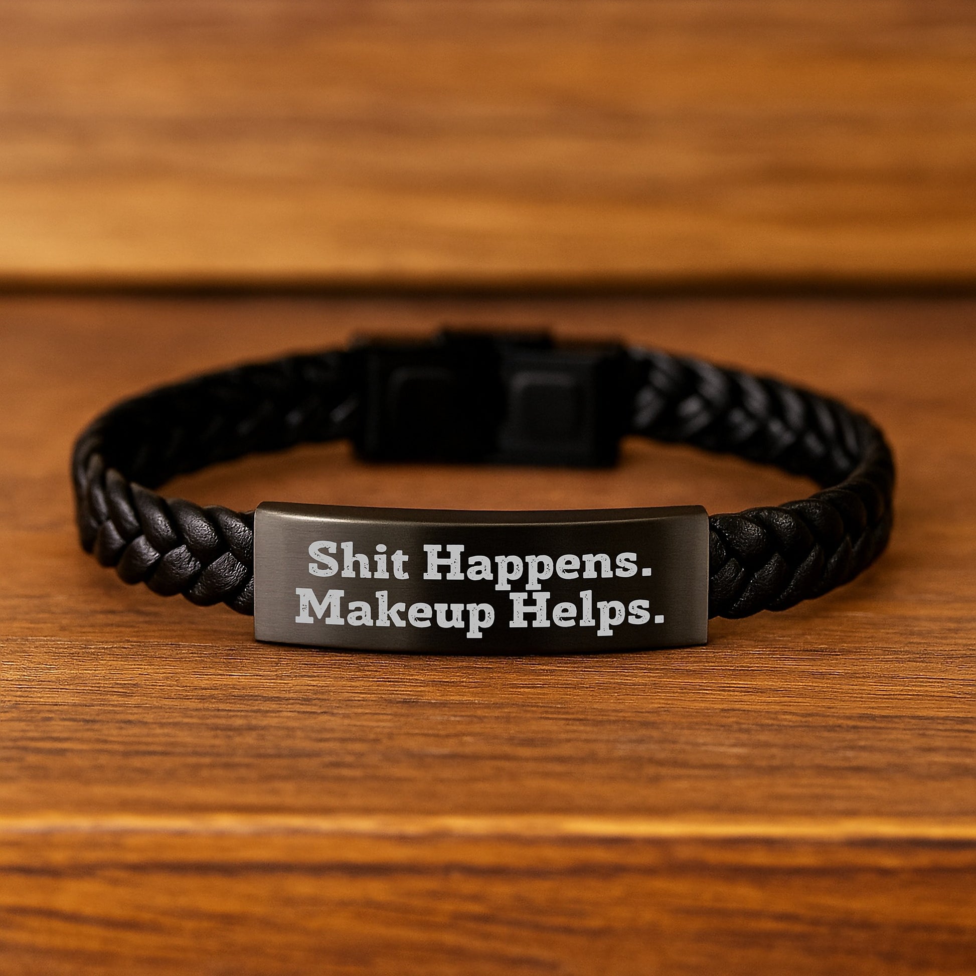 Makeup Lovers' Sarcasm Gift, 'Shit Happens. Makeup Helps.' Interlaced Leather Bracelet, Gifts from Friends for Women's Birthday, 7.87 inches - Image 2