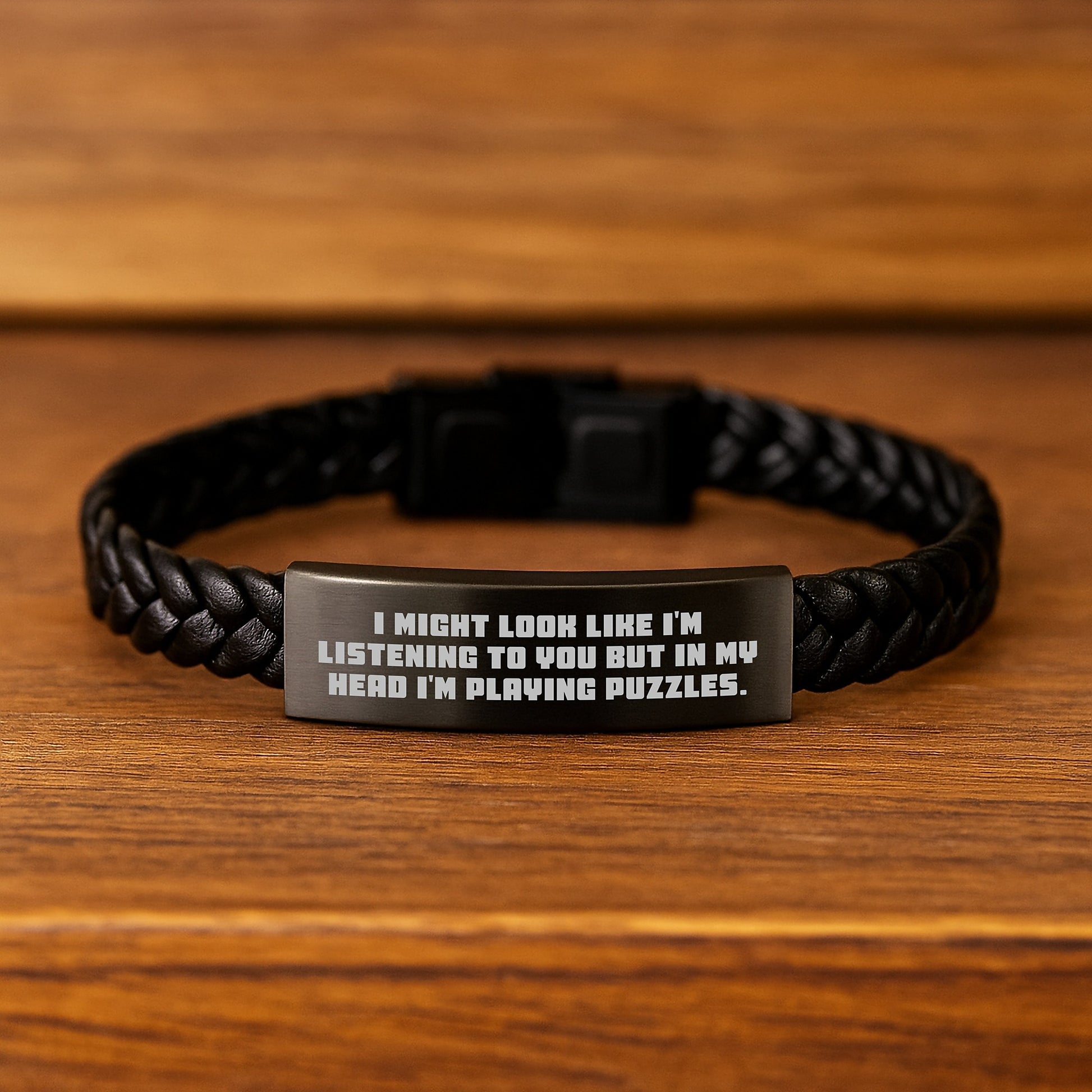 Funny Puzzles Gifts for Him Her Friends Birthday Interlaced Leather Wristband, 'I Might Look Like I'm Listening To You But In My Head I'm Playing Puzzles.' - Image 2