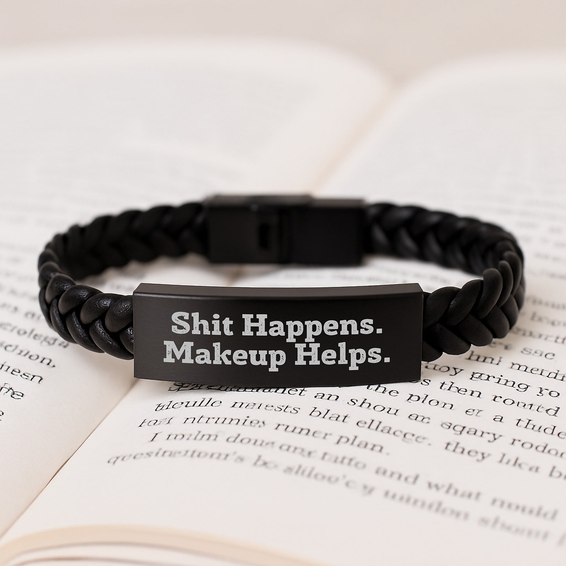 Makeup Lovers' Sarcasm Gift, 'Shit Happens. Makeup Helps.' Interlaced Leather Bracelet, Gifts from Friends for Women's Birthday, 7.87 inches - Image 3