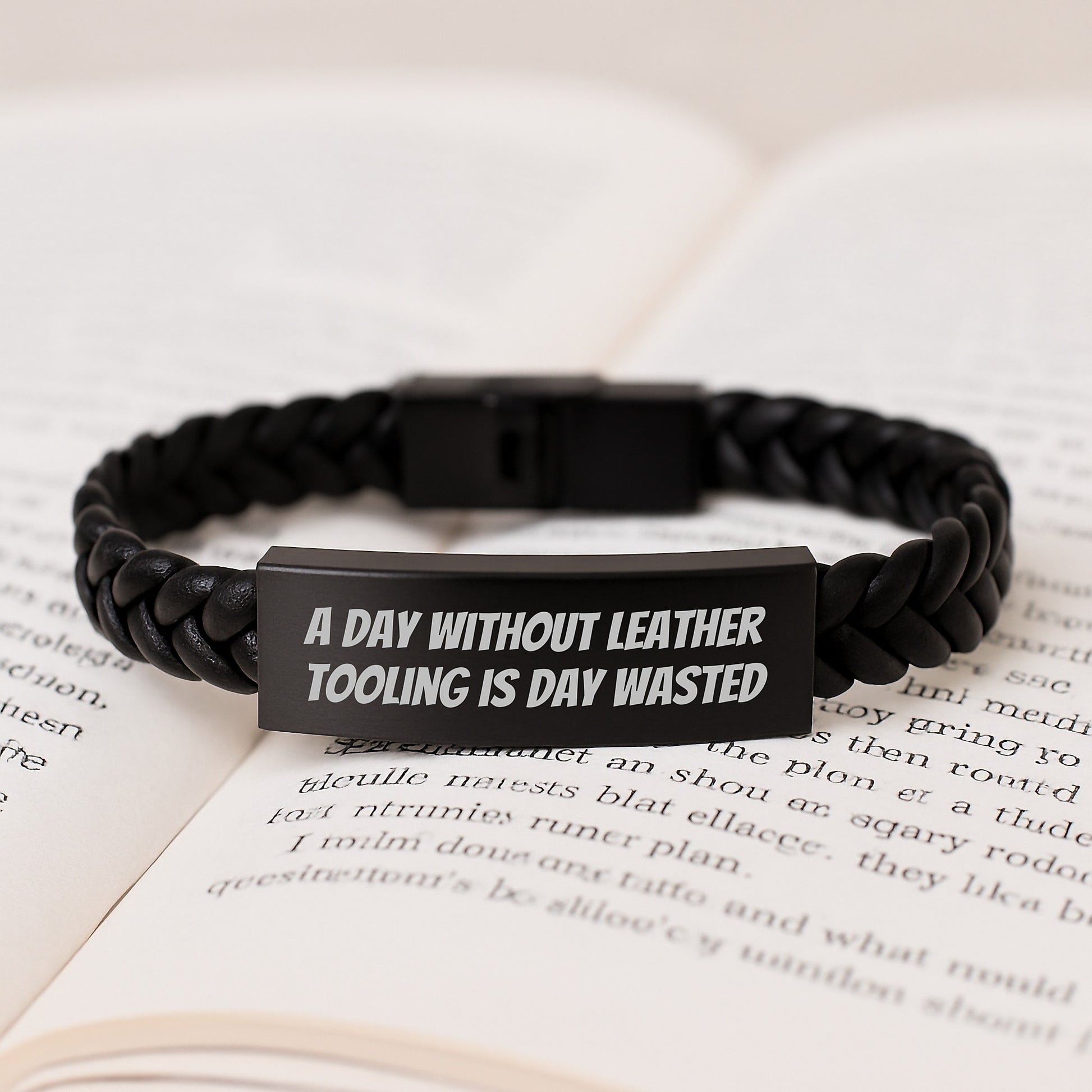 Funny Leather Tooling Gifts for Men - 'A Day Without Leather Tooling Is Day Wasted' Interlaced Leather Bracelet, Gifts from Friends, Coworkers, Family - Birthday Unique Gifts - Image 3