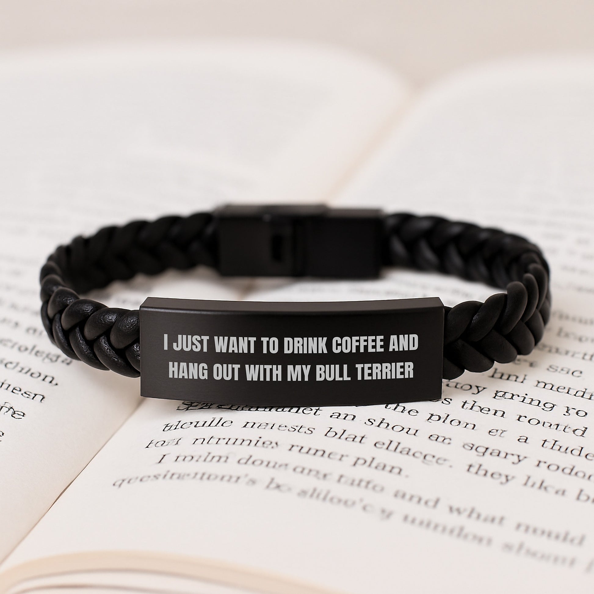 Funny Bull Terrier Dog Gifts - I Just Want To Drink Coffee And Hang Out With My Bull Terrier Interlaced Leather Bracelet Birthday Unique Gifts from Men to Bull Terrier Dog Lovers - Image 3