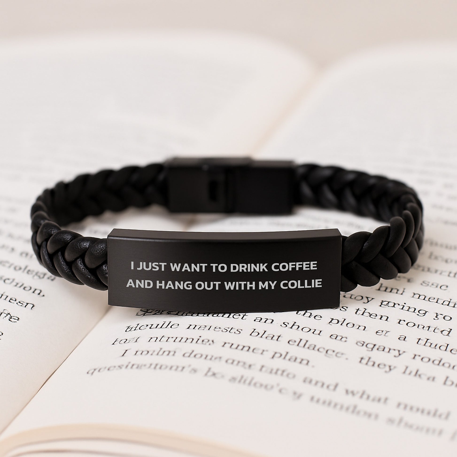 Funny Collie Dog Gifts from Men to Collie Dog Lovers - I Just Want To Drink Coffee Interlaced Leather Bracelet for Birthday Unique Gifts - Image 3