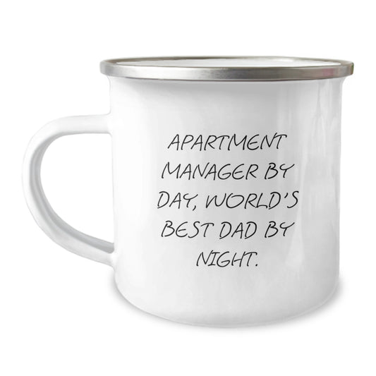 Gifts from Family, Funny Apartment Manager By Day, World's Best Dad By Night. Birthday Unique Gifts for Apartment Manager Camping Mug - Image 1