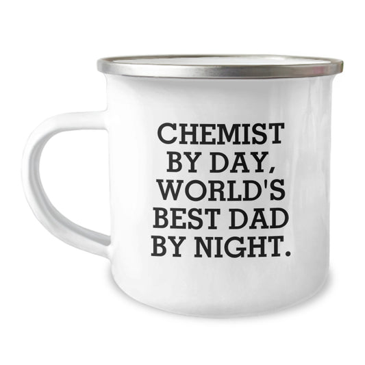 Chemist By Day, World's Best Dad By Night. Funny Camping Mug Gifts for Chemist Birthday - Image 1