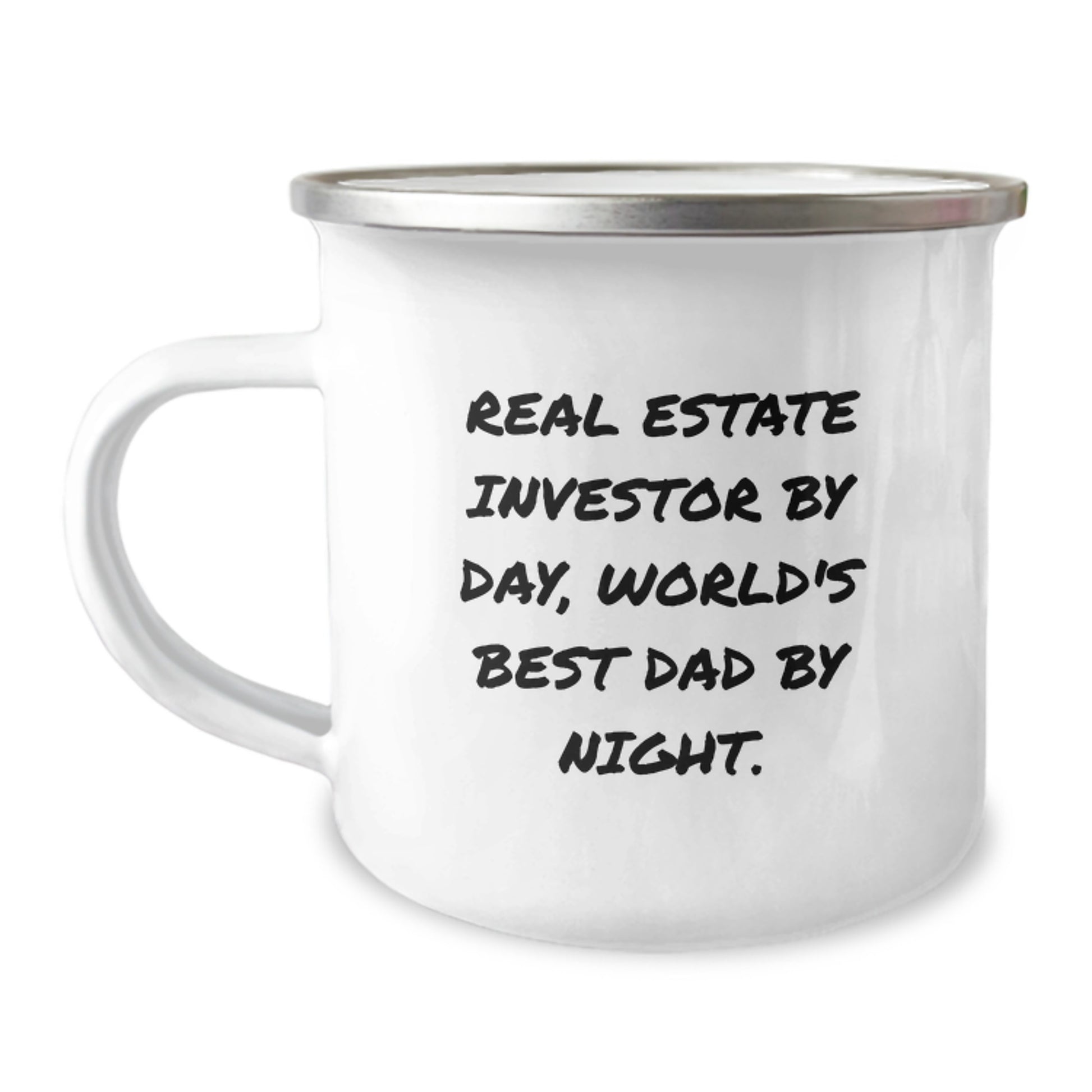 Real Estate Investor Gifts from Dad - Funny Camping Mug for Graduation, 'Real Estate Investor By Day, World's Best Dad By Night.' - Enamel Finish - Image 1