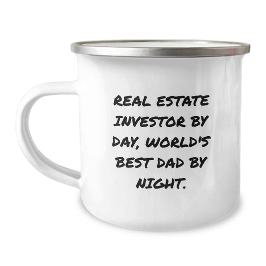Real Estate Investor Gifts from Dad - Funny Camping Mug for Graduation, 'Real Estate Investor By Day, World's Best Dad By Night.' - Enamel Finish - Image 1