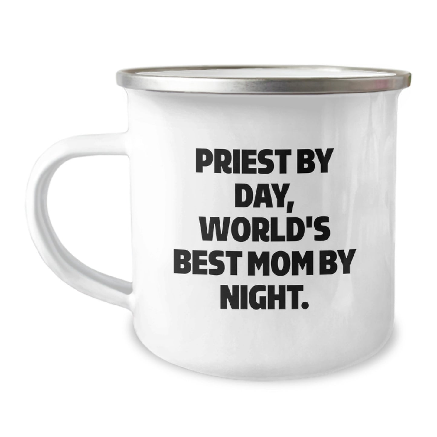 Camping Mug for Priest, Funny Quote 'Priest By Day, World's Best Mom By Night.' Gifts from Friends, Unique Birthday Unique Gifts for Priest - Image 1