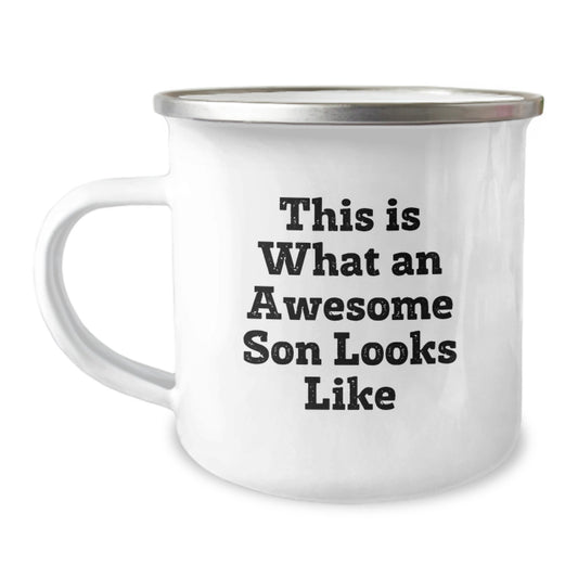Funny Son Gifts for Graduation - This Is What An Awesome Son Looks Like Camping Mug, Gifts from Family to Son, 12 oz Stainless Steel with Enamel Finish - Image 1
