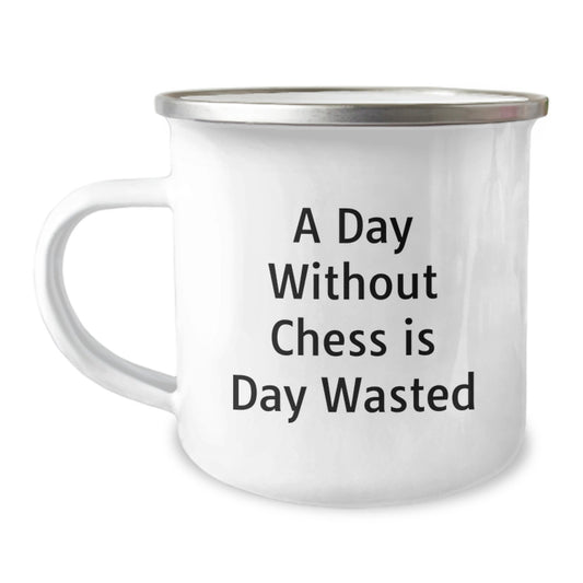 Chess Lovers' Delight, Funny Gift for Friends, 'A Day Without Chess Is Day Wasted', Enamel Camping Mug, 12 oz Capacity, Perfect Birthday Unique Gift - Image 1
