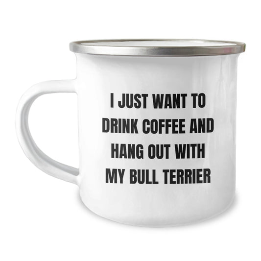 Bull Terrier Dog Lover's Camping Mug, Funny Quote Gifts for Men, Women, Family, Friends, or Coworkers on Birthday, 12 oz Stainless Steel with Enamel Finish - Image 1